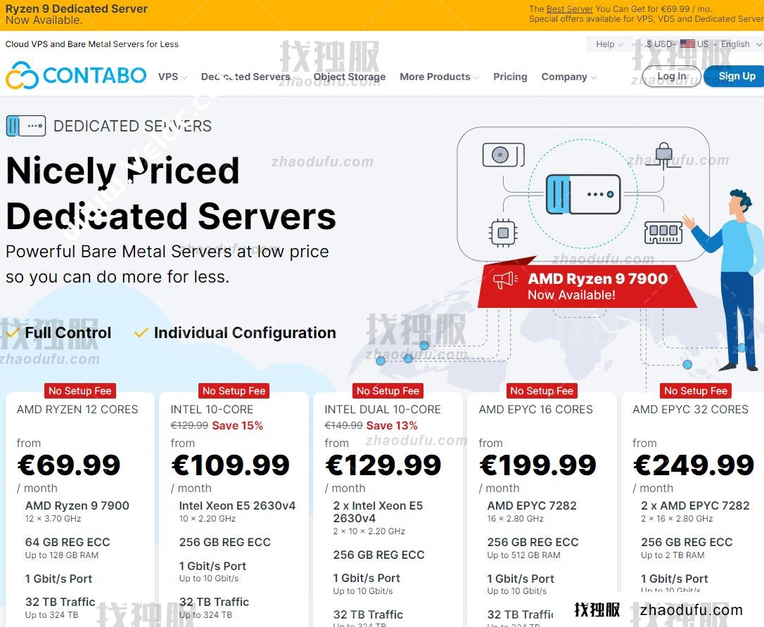Contabo：AMD Ryzen9 7900高性能自选配服务器，可选德国/英国/美国/日本/新加坡/澳大利亚机房，1Gbps带宽@32TB流量，月付$89.99起