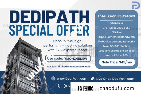 DediPath：美国服务器促销，可选圣何塞和西雅图机房，Intel Xeon E3-1240v3/32GB/2TB HDD或1TB SSD存储，1Gbps不限流量，按需10Tbps网络级保护，月付45美元